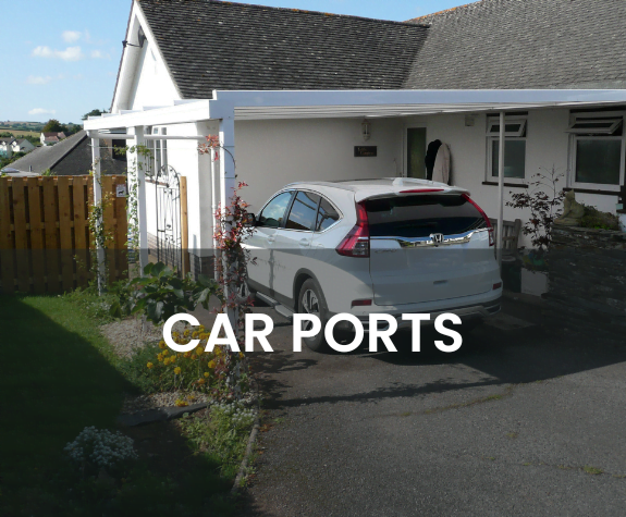 An image of a car port with a white car parked underneath, with the wording 'car ports'