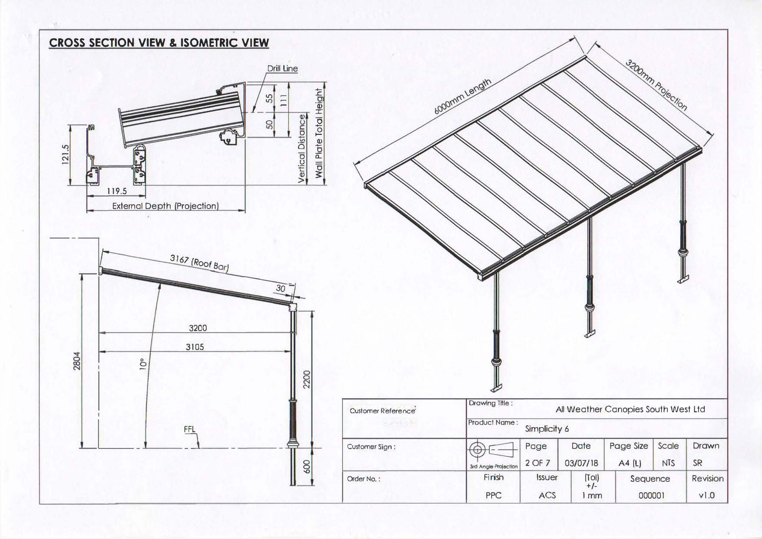 drawing for a carport located in Newquay, Cornwall by All Weather Canopies South West Limited