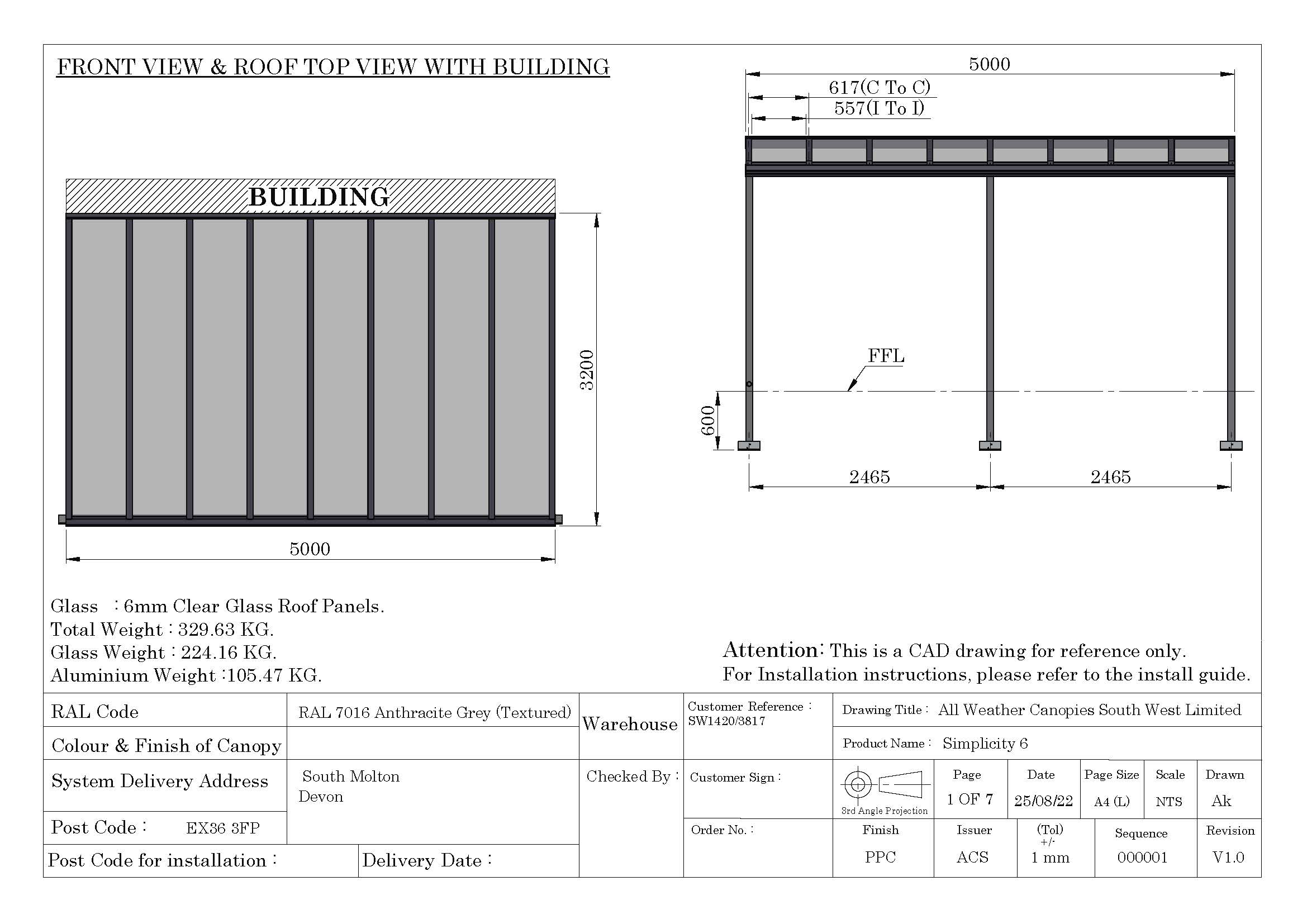 CAD drawing of Simplicity 6 veranda for South Molton, Devon, showing anthracite grey textured powder coating, RAL7016 and toughened clear glass dimensions 5000 x 3200