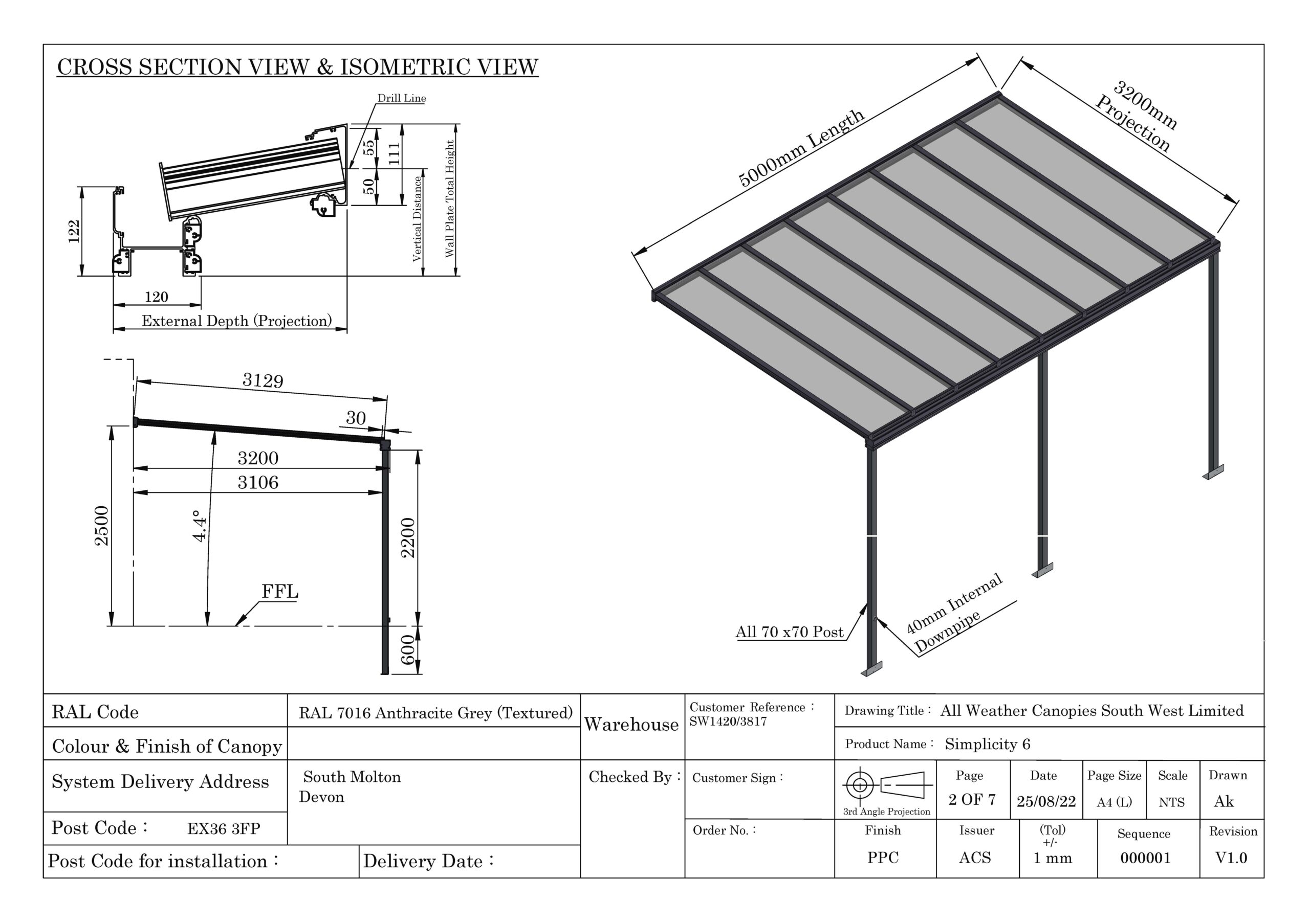 Simplicity 6 veranda technical drawing for South Molton, Devon, anthracite grey RAL7016 textured powder coat and toughened clear glass.