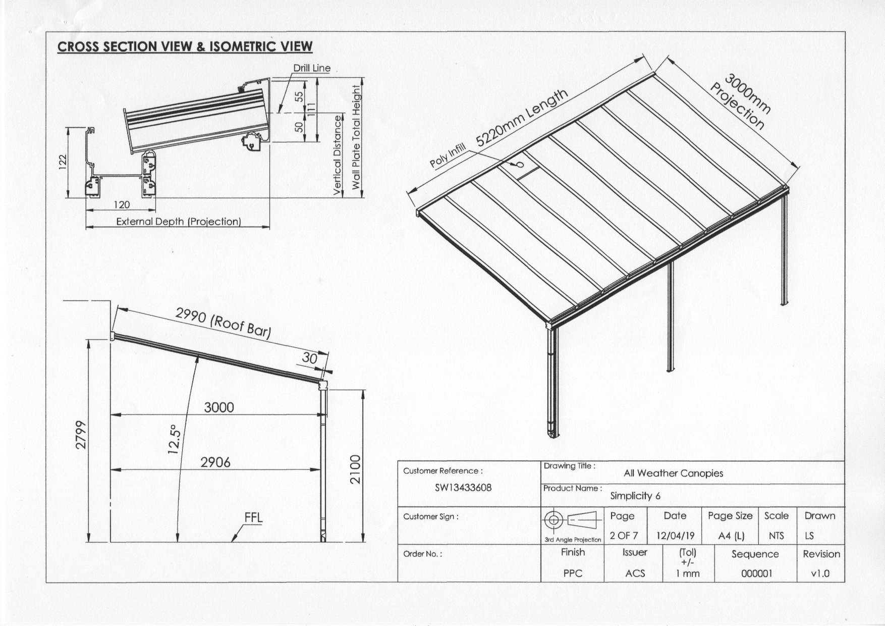 Technical drawing showing cross section and isometric view of a veranda design by All Weather Canopies.