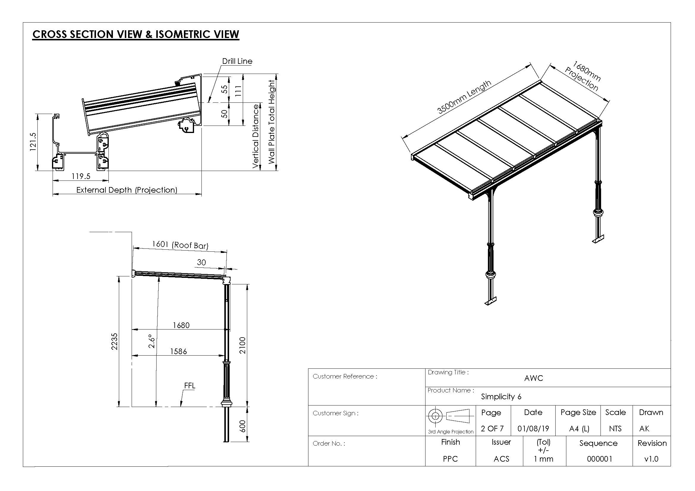 Technical drawing showing cross section and isometric view of Simplicity canopy by All Weather Canopies.