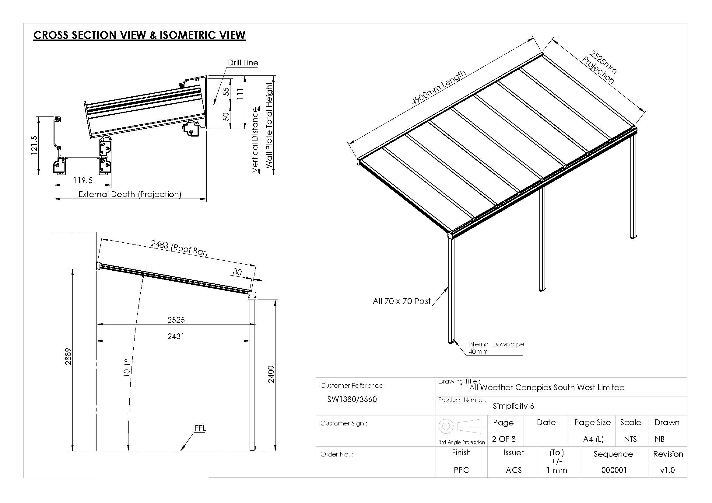 Technical drawing showing cross-section and isometric view of Simplicity 6 canopy by All Weather Canopies.