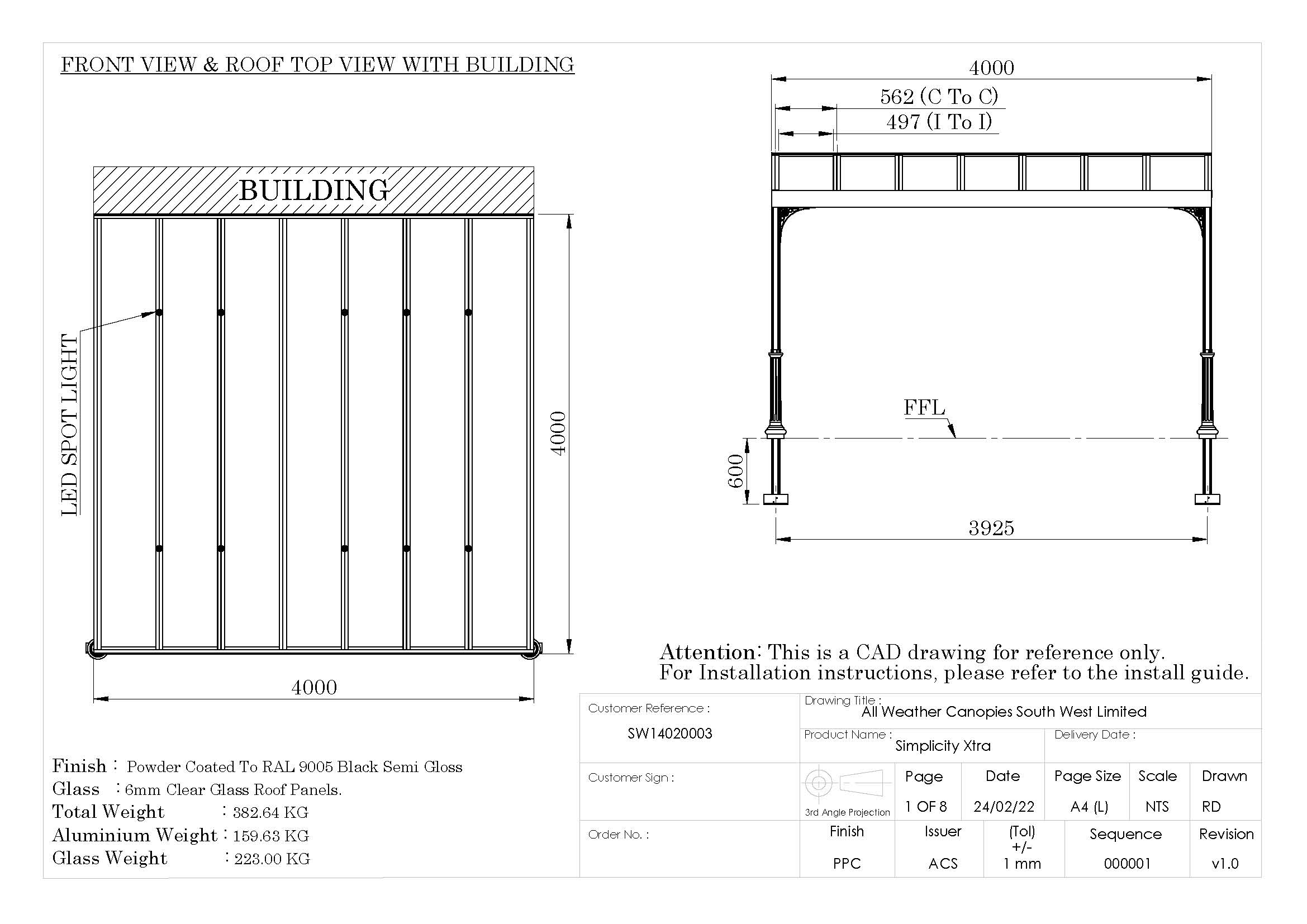 Technical drawing of a canopy structure with dimensions and specifications for installation reference.