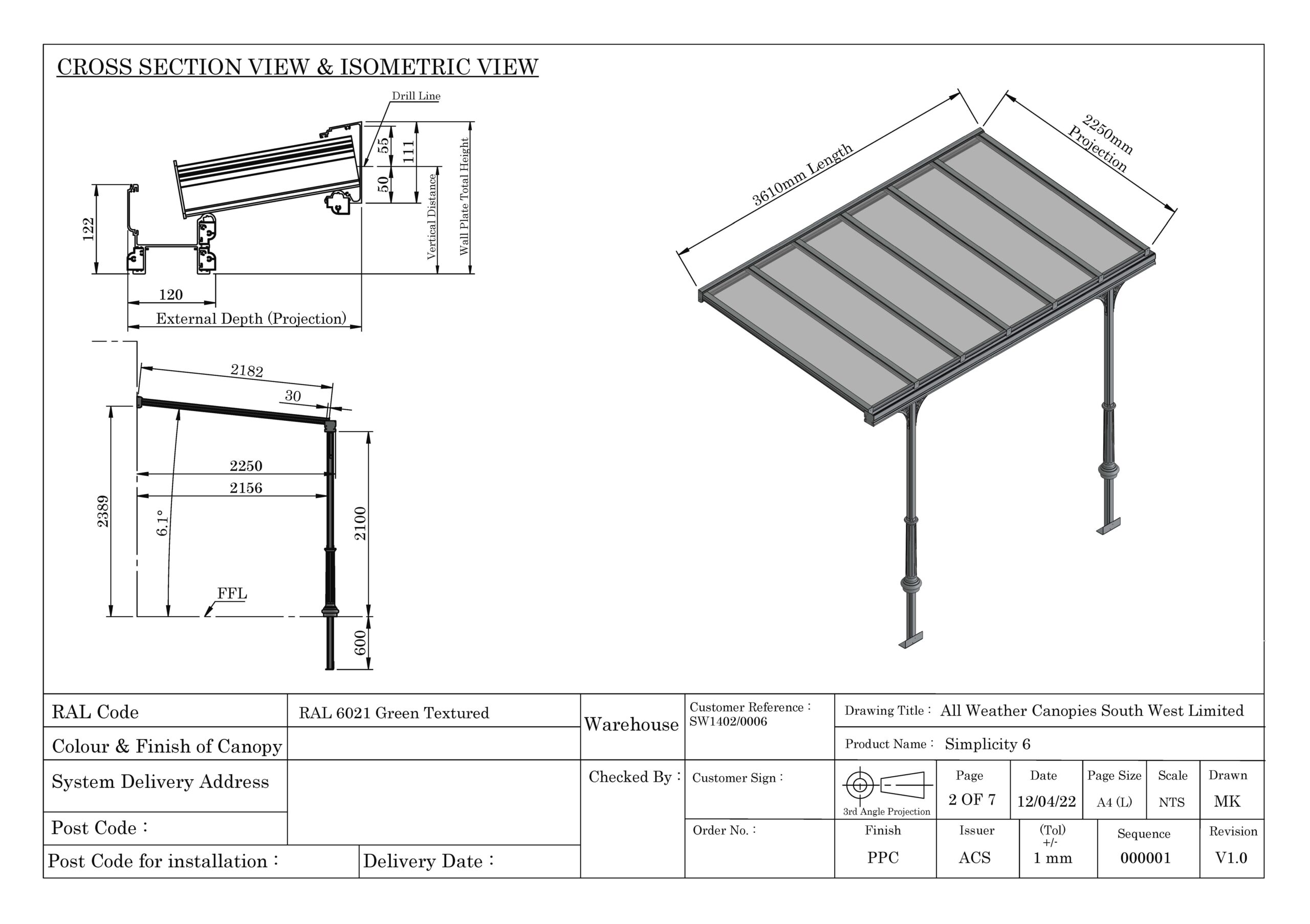 Technical drawing showing cross section and isometric view of a canopy with dimensions and specifications.