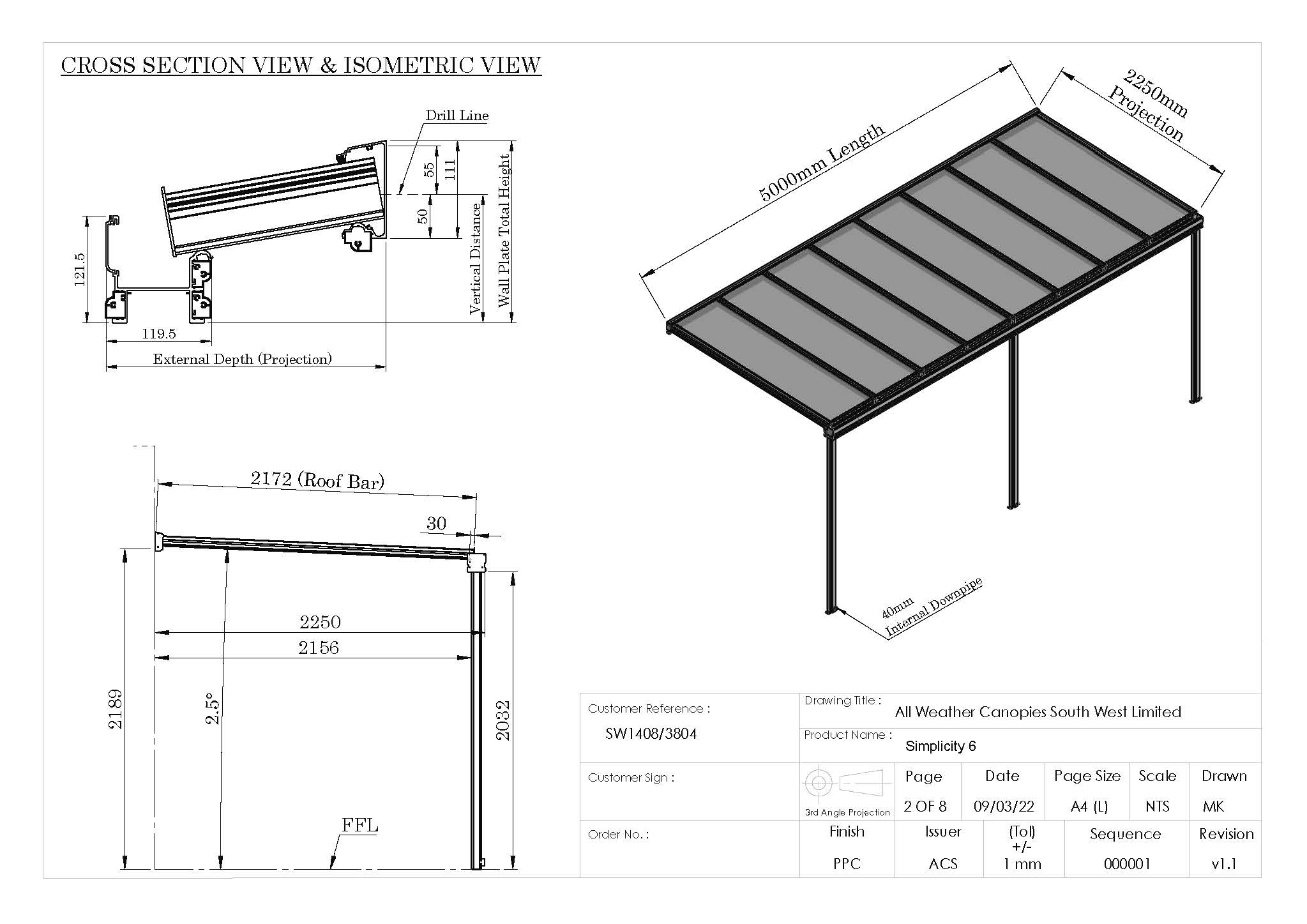 Technical drawing of the Simplicity canopy by All Weather Canopies South West Limited with dimensions and specifications.