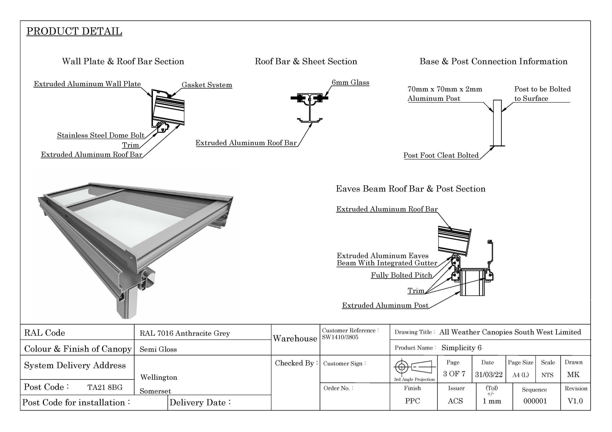 Technical drawing detailing the roof bar and wall plate sections of a canopy system.