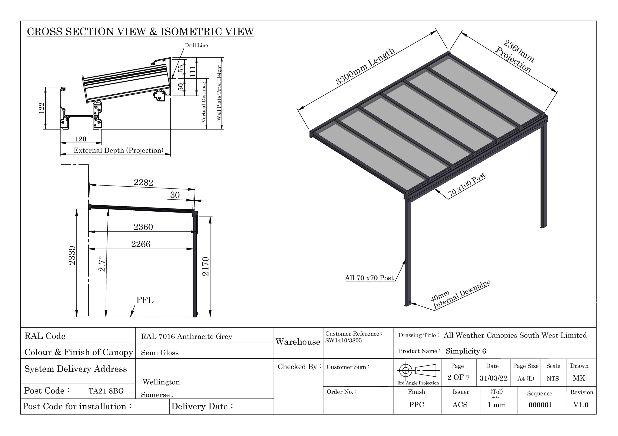 Architectural drawing showing cross-section and isometric view of a canopy design with dimensions and specifications.