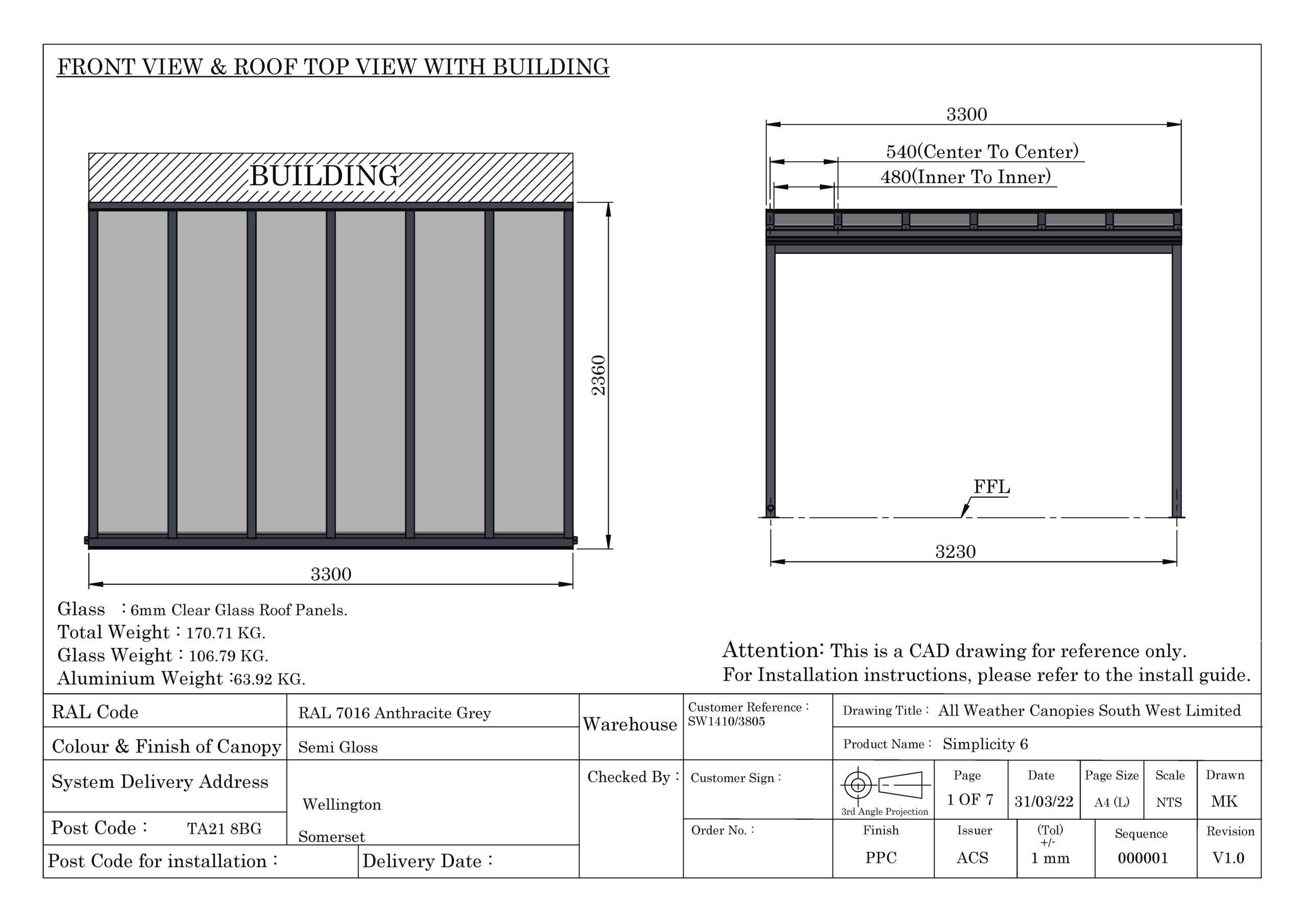 Detailed architectural drawing showing front view and roof top view of a canopy structure with building specifications.
