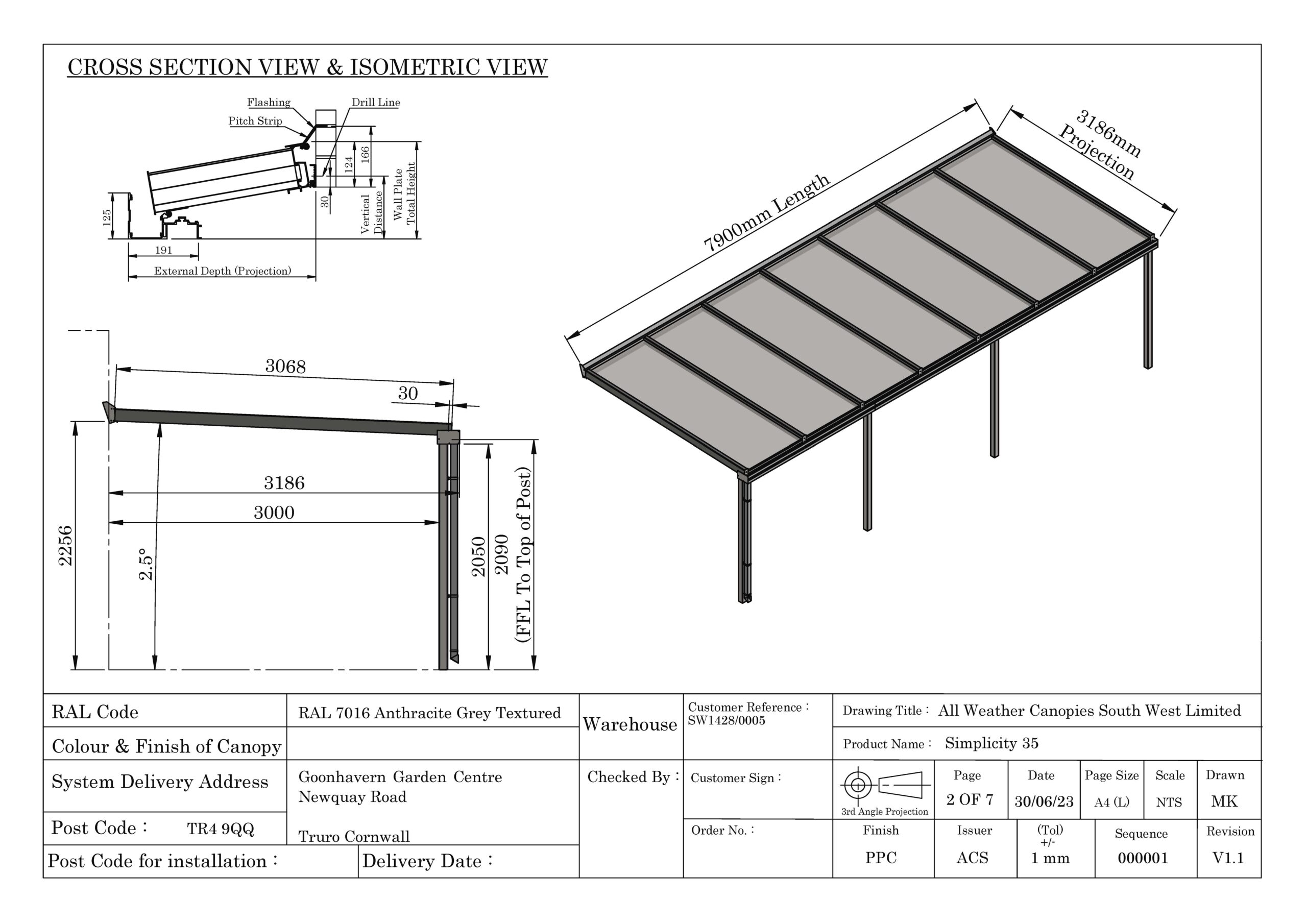 Detailed architectural drawing showing cross-section and isometric view of a canopy structure.