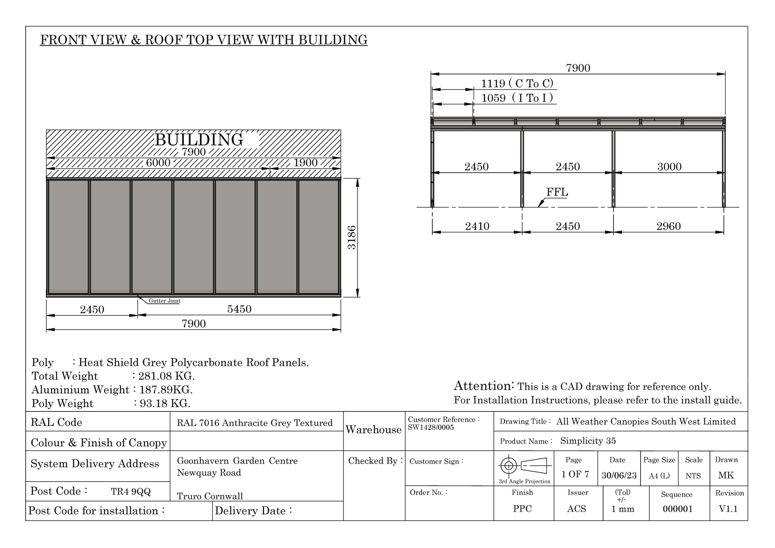 Technical CAD drawing showing front and roof top view of a building with canopy specifications and dimensions.