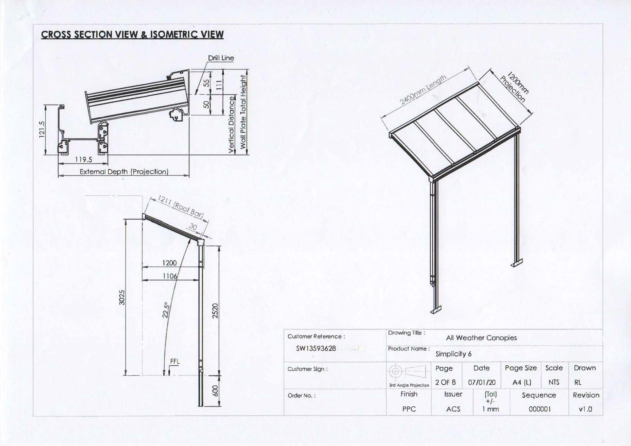 Technical drawing showing cross section and isometric view of a canopy design with dimensions and specifications.