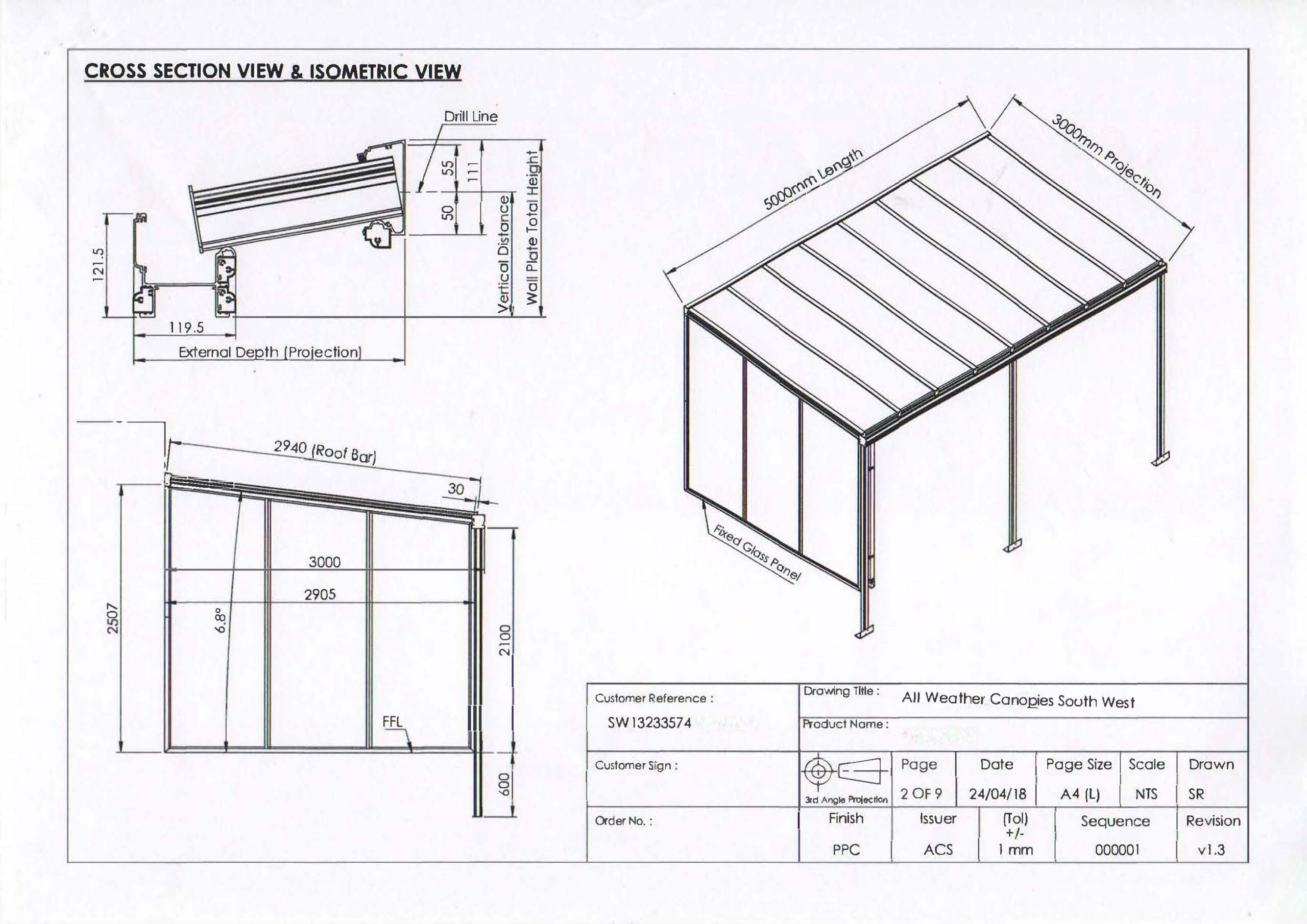 Technical drawing showing cross section and isometric view of an all weather canopy structure.