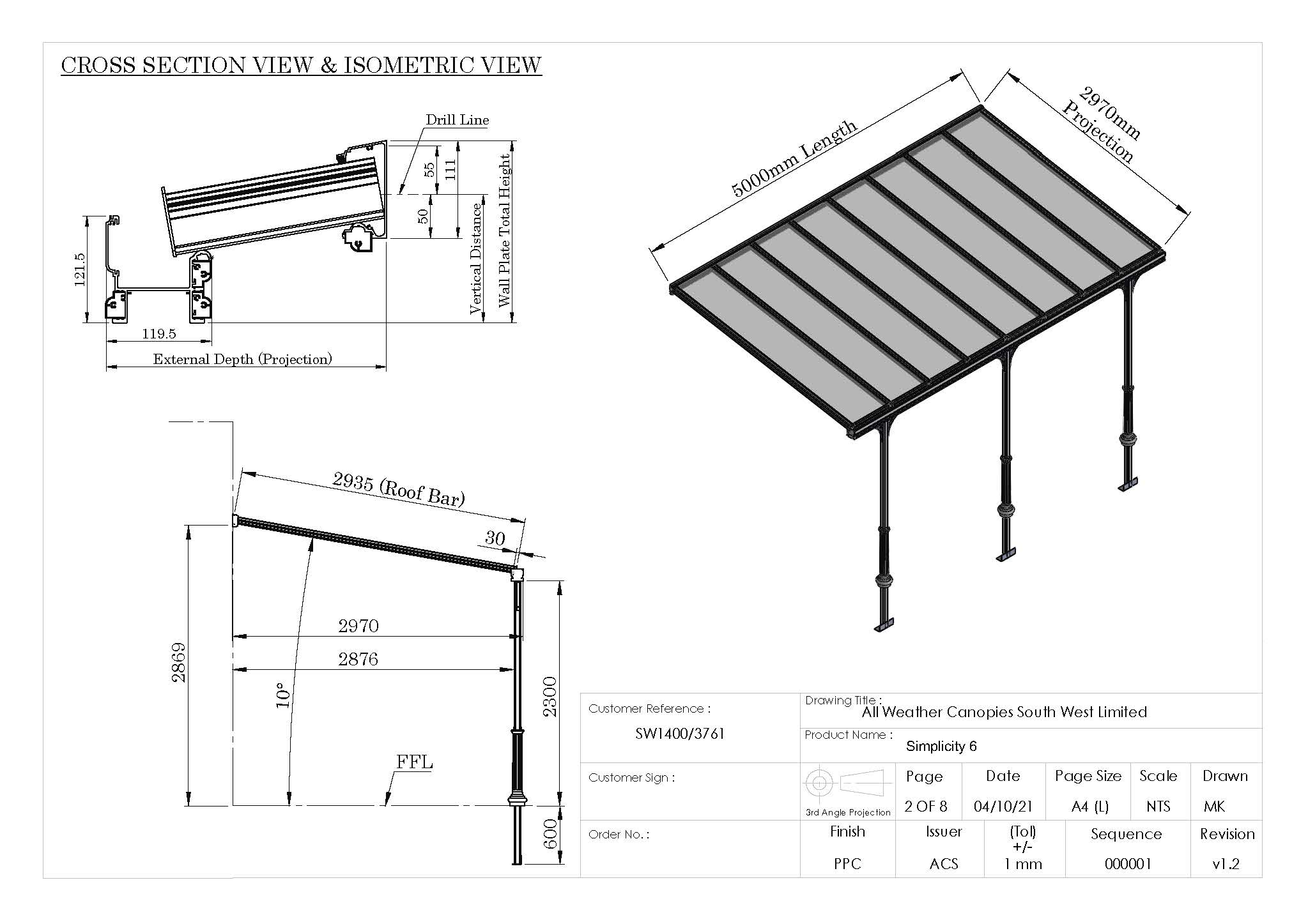 Technical drawing showing cross-section and isometric view of a veranda canopy by All Weather Canopies.