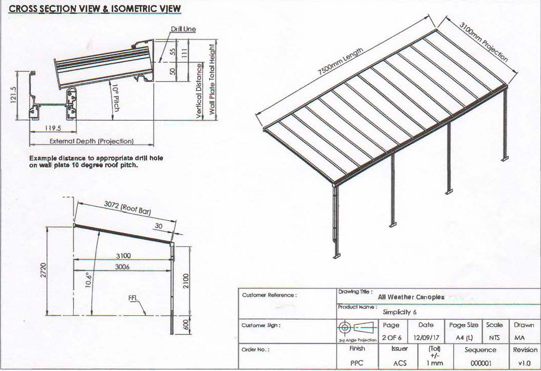 Technical drawing showing cross-section and isometric view of a veranda design with dimensions.