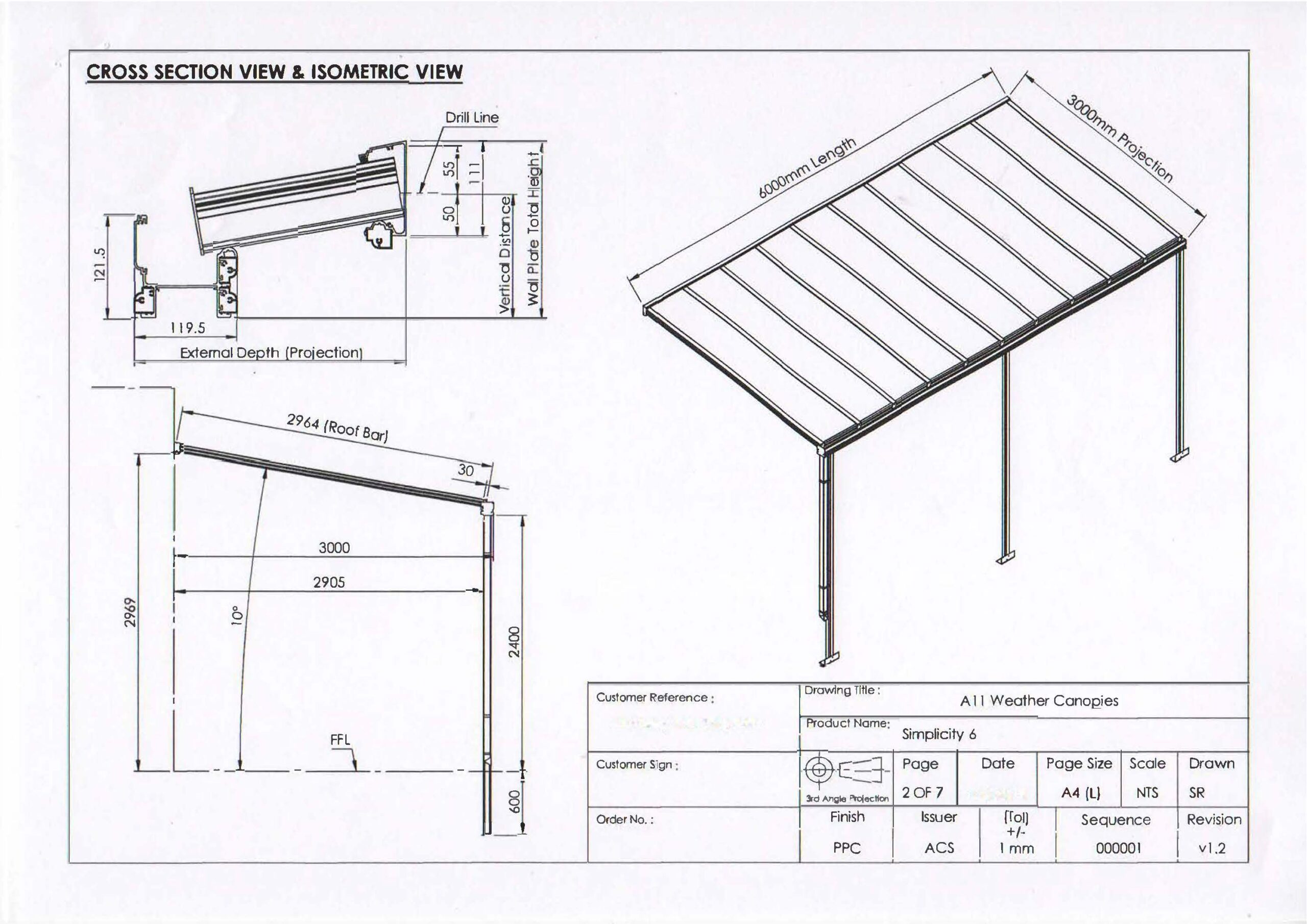 Technical drawing showing cross-section and isometric view of a veranda structure with dimensions.