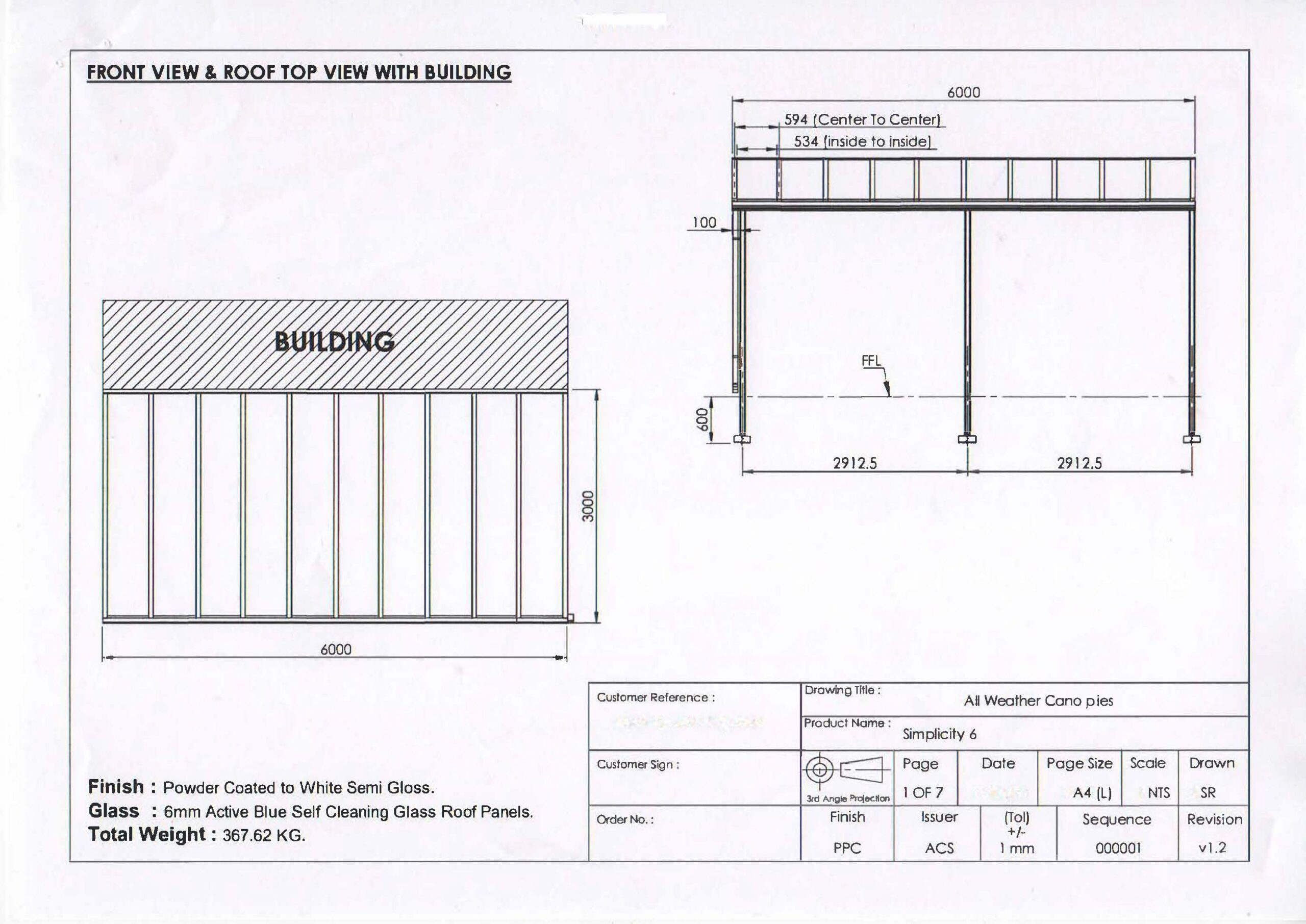 Technical drawing showing front and roof top views of a building with a canopy structure and dimensions.