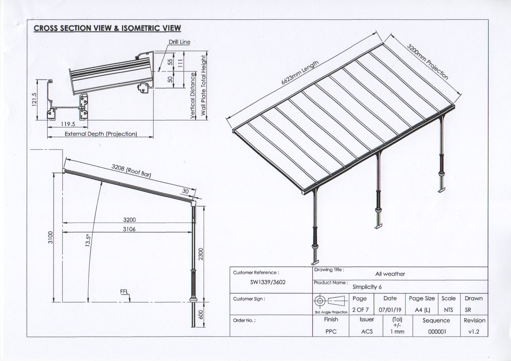 Technical drawing showing cross section and isometric view of a veranda with dimensions and specifications.